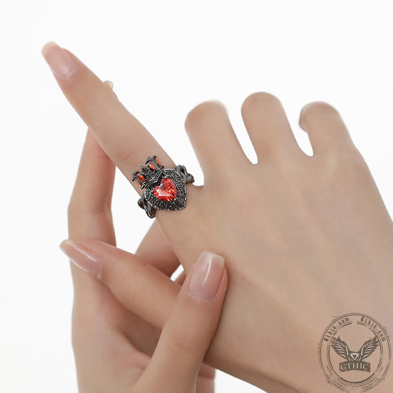 Gothic Crown Heart Shaped Zircon Alloy Open Ring | Gthic.com