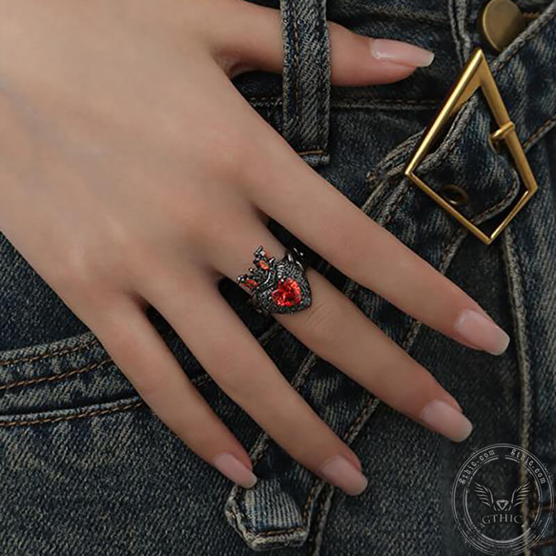 Gothic Crown Heart Shaped Zircon Alloy Open Ring | Gthic.com
