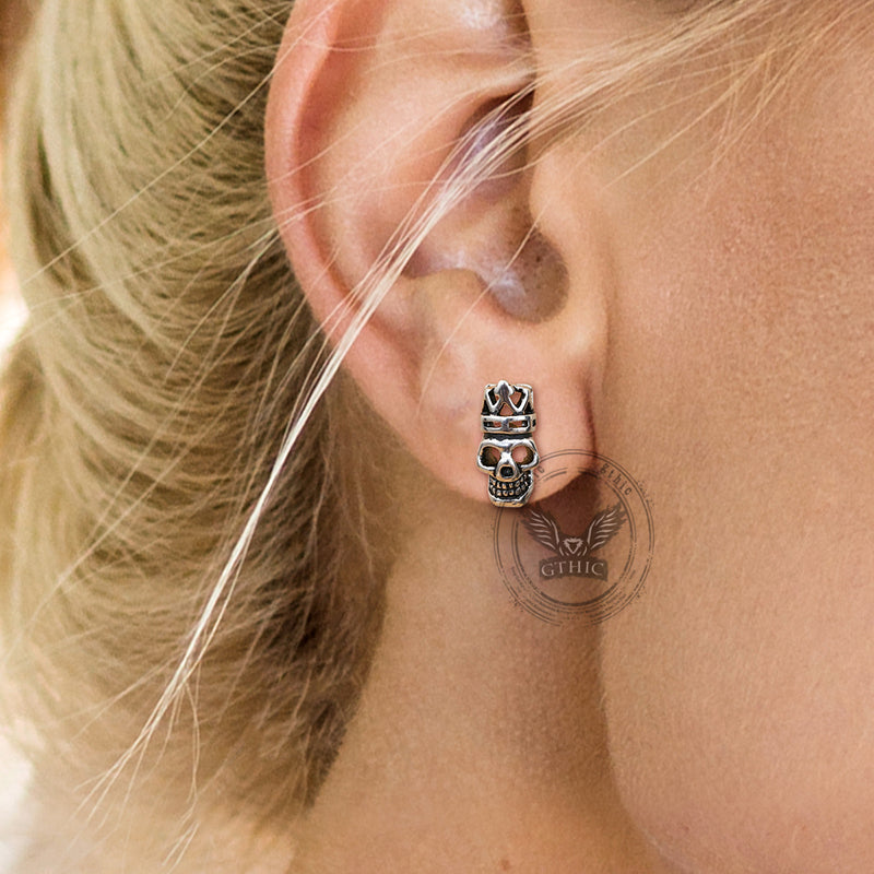 Gothic Crown Skull Head Stainless Steel Stud Earrings | Gthic.com