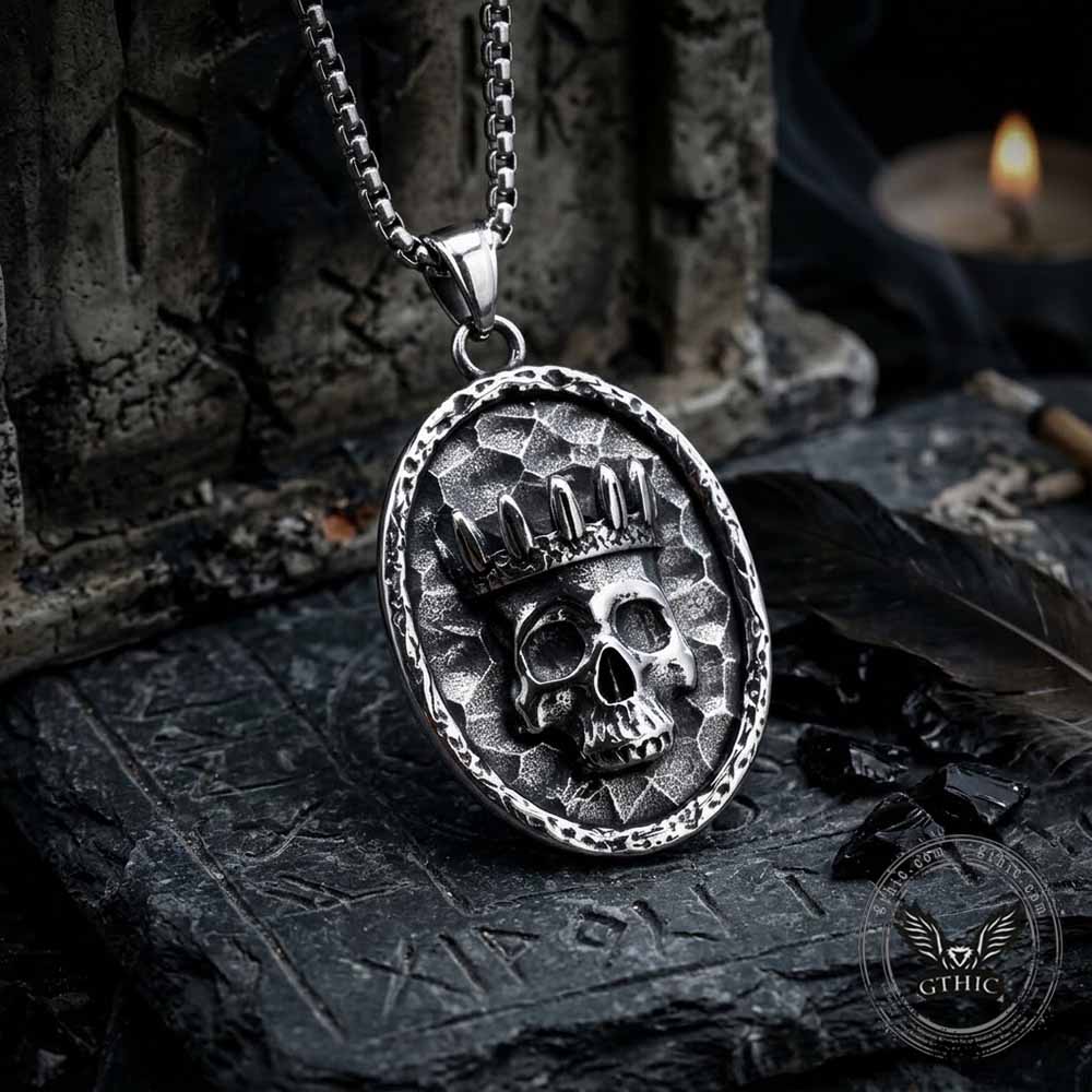 Gothic Crown Skull Stainless Steel Oval Pendant | Gthic.com
