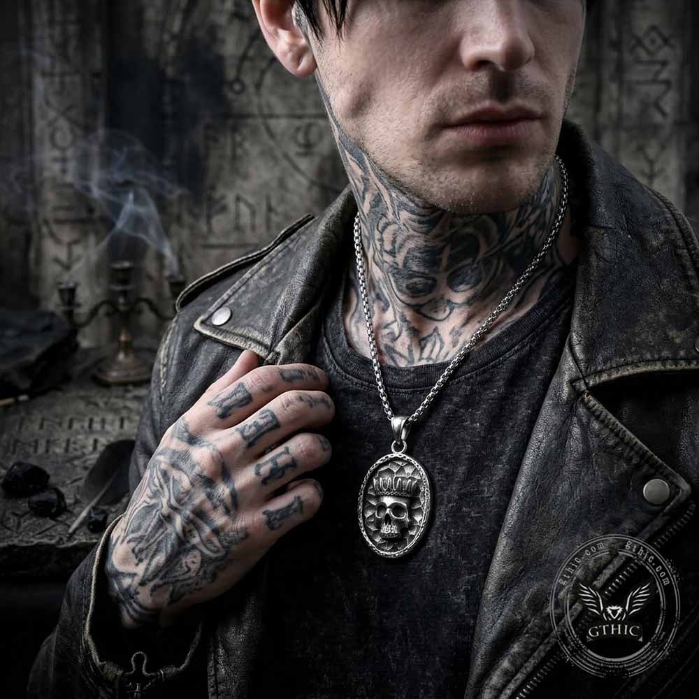 Gothic Crown Skull Stainless Steel Oval Pendant | Gthic.com