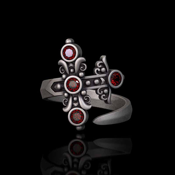 Gothic Curved Sword Sterling Silver Gem Ring 01 | Gthic.com