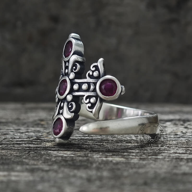 Gothic Curved Sword Sterling Silver Gem Ring | Gthic.com