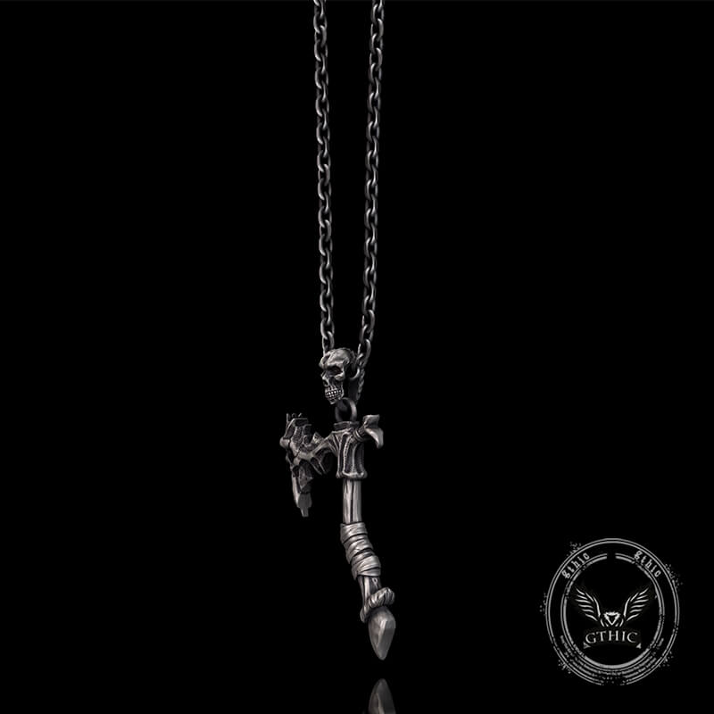 Gothic Demon Axe Sterling Silver Skull Pendant 02 | Gthic.com