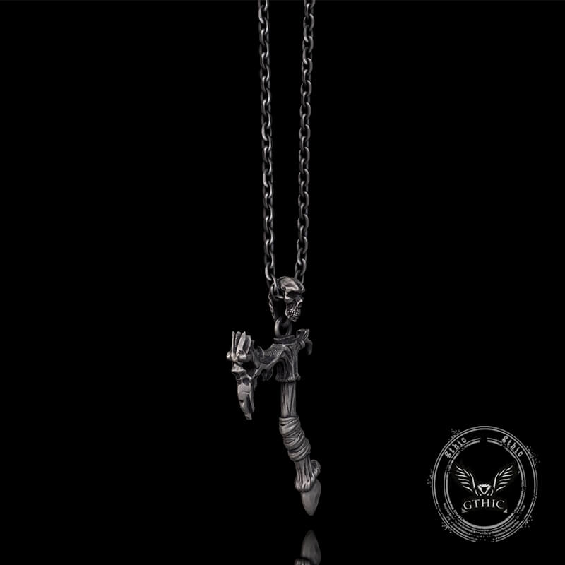 Gothic Demon Axe Sterling Silver Skull Pendant