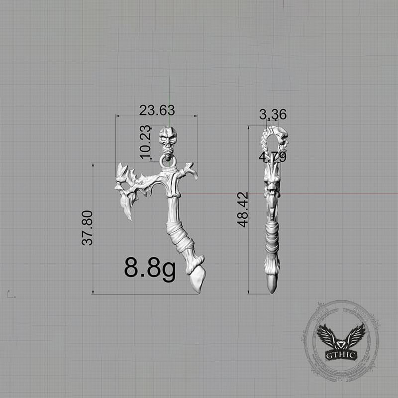 Gothic Demon Axe Sterling Silver Skull Pendant
