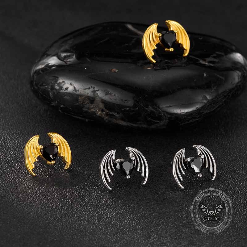 Gothic Devil Wings Heart Zircon Stainless Steel Earrings 01 | Gthic.com