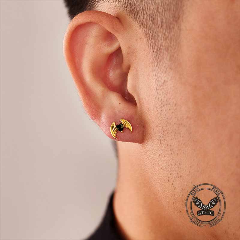 Gothic Devil Wings Heart Zircon Stainless Steel Earrings 02 | Gthic.com