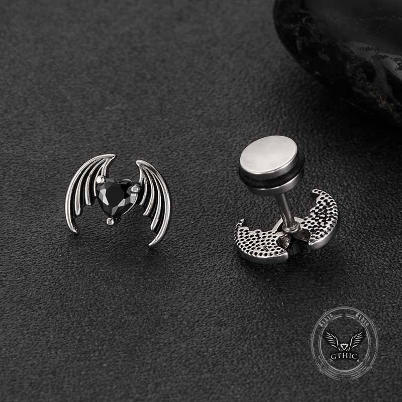 Gothic Devil Wings Heart Zircon Stainless Steel Earrings 02 | Gthic.com