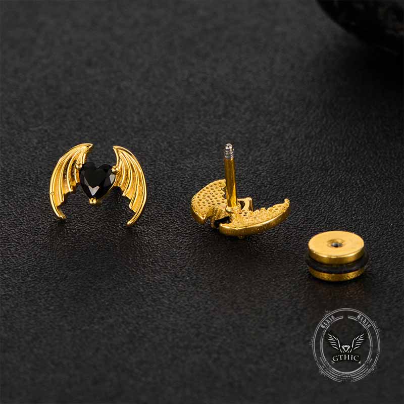 Gothic Devil Wings Heart Zircon Stainless Steel Earrings
