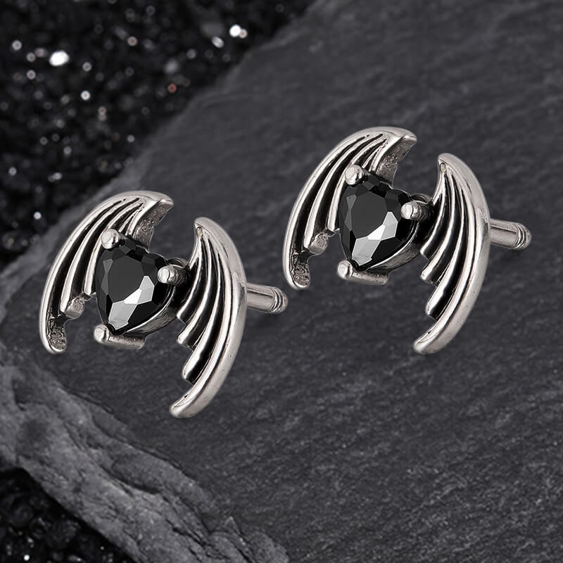 Gothic Devil Wings Heart Zircon Stainless Steel Earrings