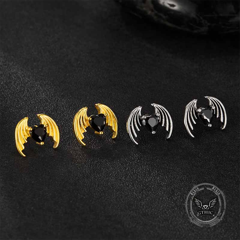 Gothic Devil Wings Heart Zircon Stainless Steel Earrings