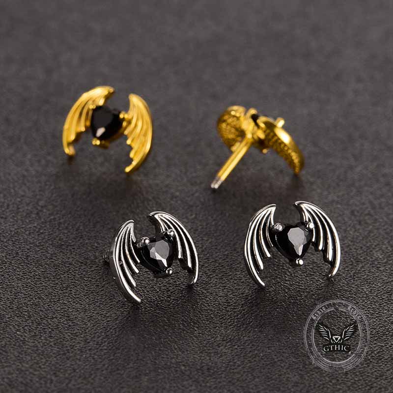 Gothic Devil Wings Heart Zircon Stainless Steel Earrings