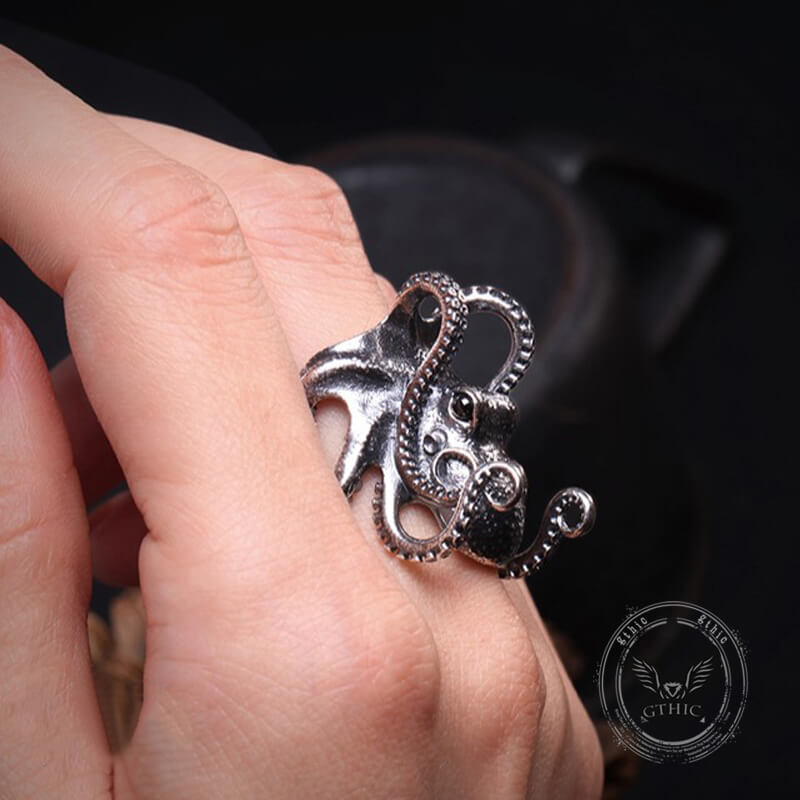 Gothic Distressed Octopus Sterling Silver Open Ring | Gthic.com