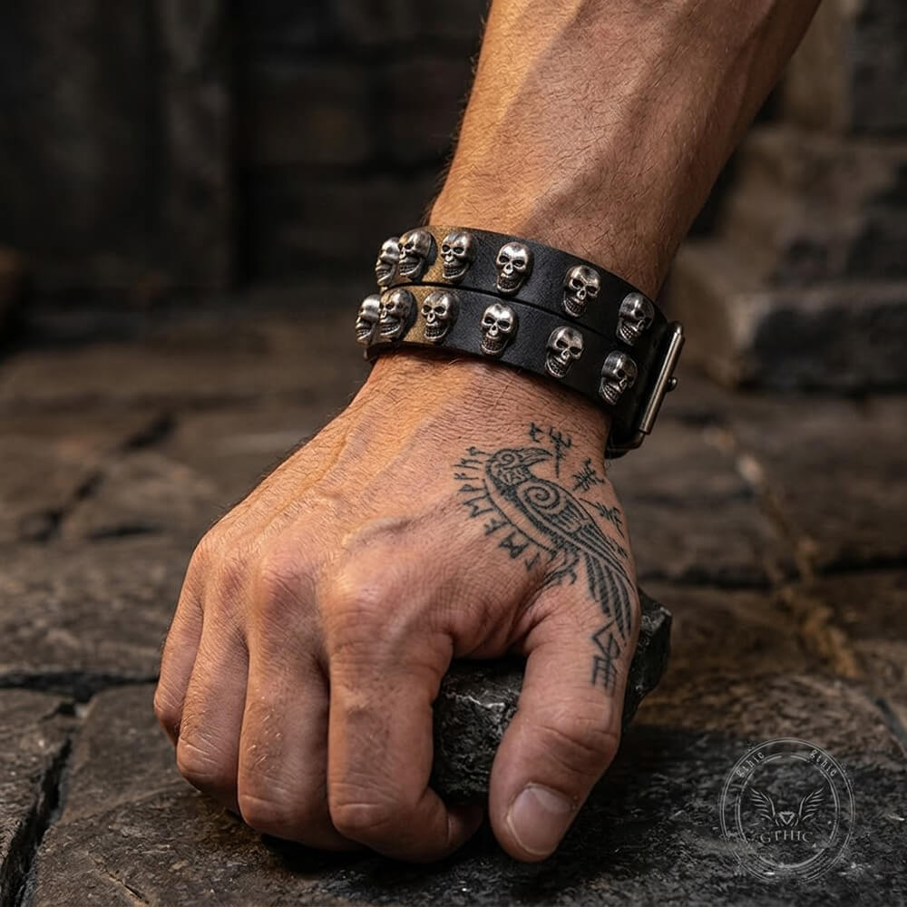 Gothic Double-Strand Alloy Skull PU Leather Bracelet | Gthic.com