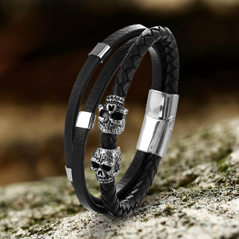 Gothic Double Skull Stainless Steel Leather Bracelet 01 | Gthic.com