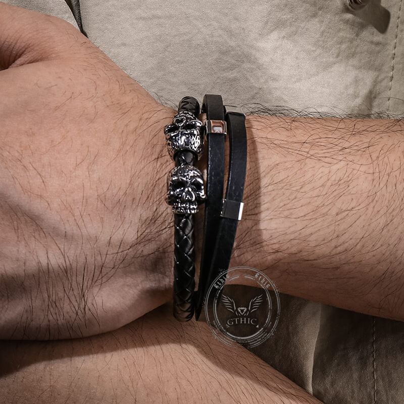 Gothic Double Skull Stainless Steel Leather Bracelet | Gthic.com