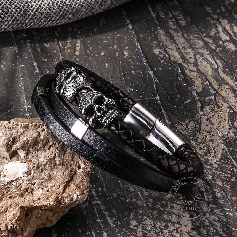 Gothic Double Skull Stainless Steel Leather Bracelet | Gthic.com