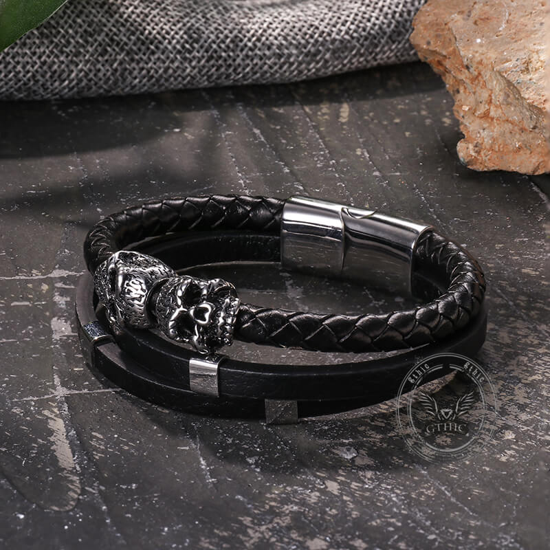 Gothic Double Skull Stainless Steel Leather Bracelet