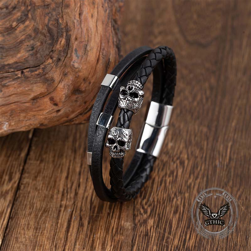 Gothic Double Skull Stainless Steel Leather Bracelet