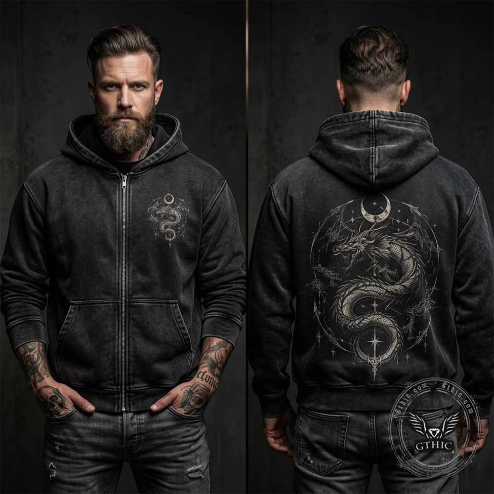 Gothic Dragon Moon Vintage Washed Zip-Up Hooded Jacket | Gthic.com
