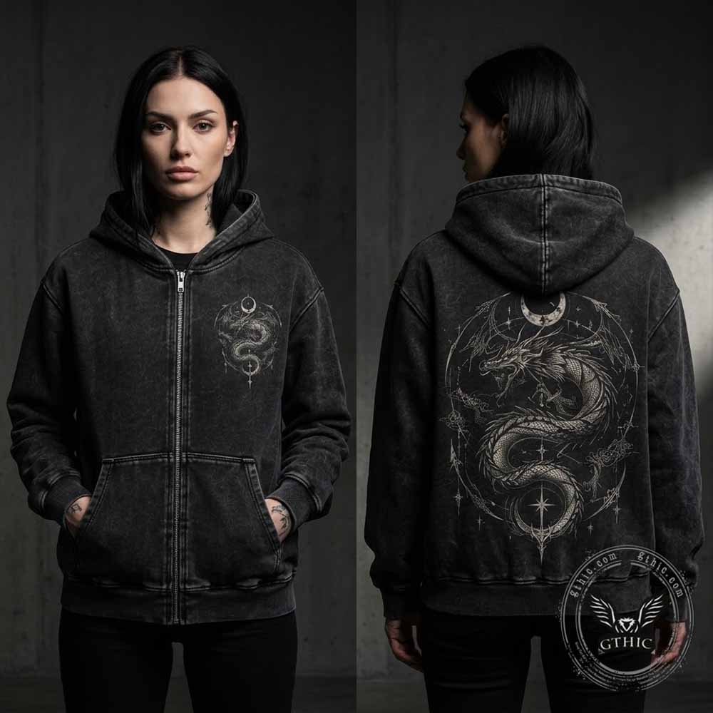 Gothic Dragon Moon Vintage Washed Zip-Up Hooded Jacket | Gthic.com