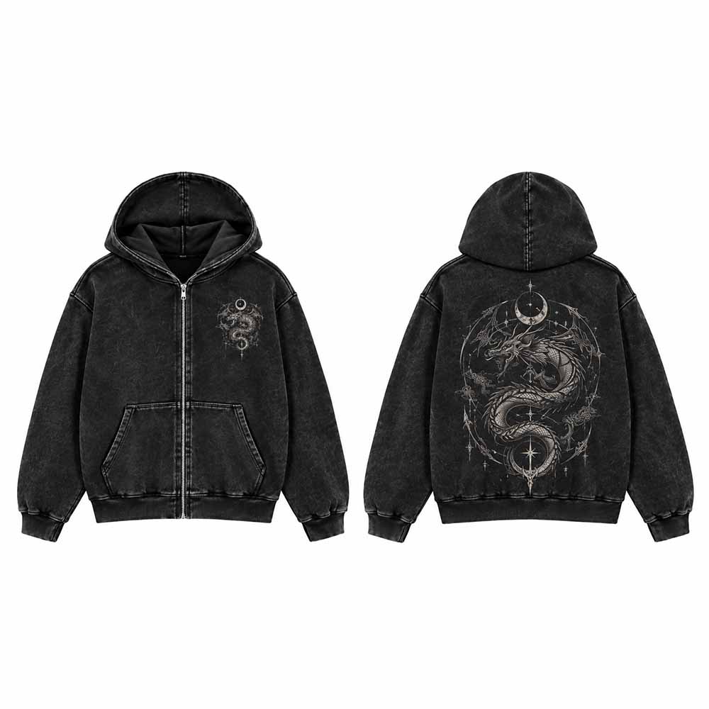 Gothic Dragon Moon Vintage Washed Zip-Up Hooded Jacket | Gthic.com