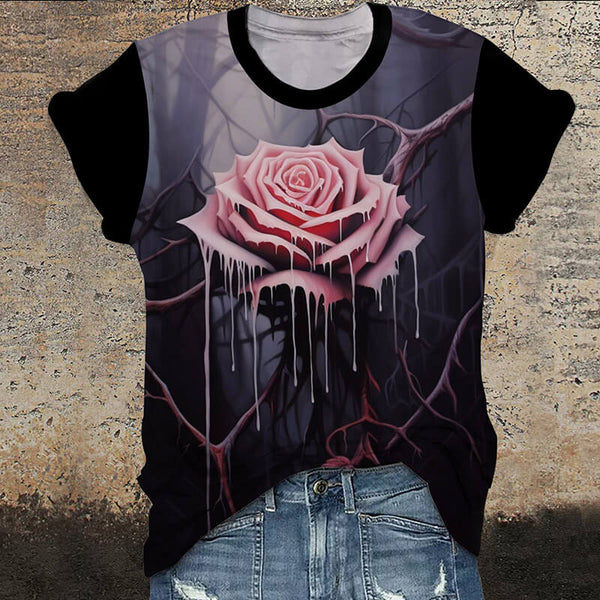 Gothic Dripping Rose Round Neck Short Sleeve T-Shirt | Gthic.com