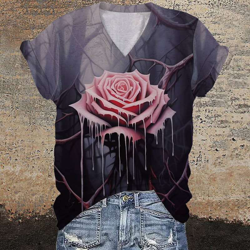 Gothic Dripping Rose V-Neck Short Sleeve T-Shirt | Gthic.com