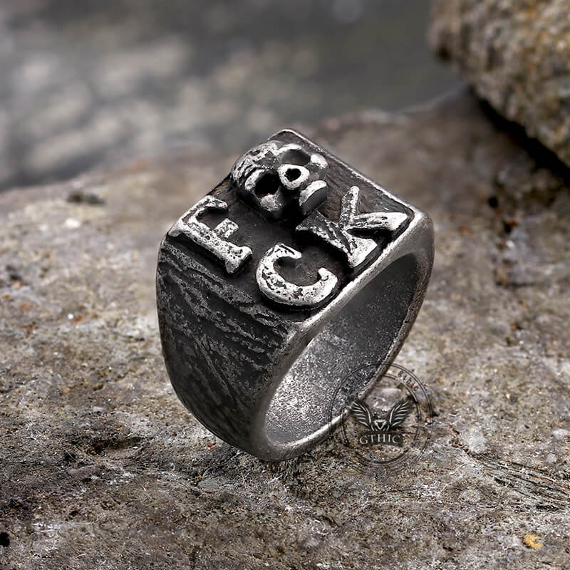 Oakky Men's Punk Gothic Titanium Steel Band Ring - 1%er Biker Skull Logo, Black & Silver Finish