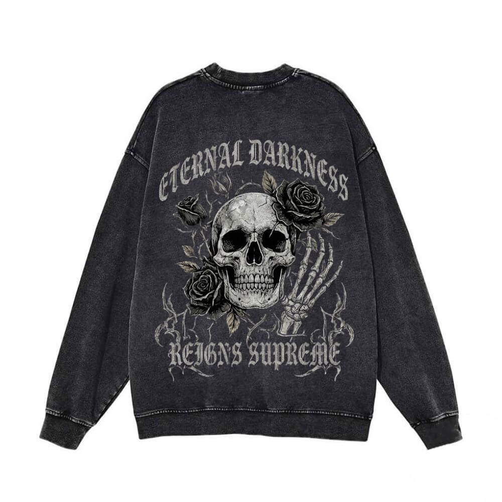 Gothic Eternal Darkness Skull Rose Vintage Washed Sweatshirt | Gthic.com