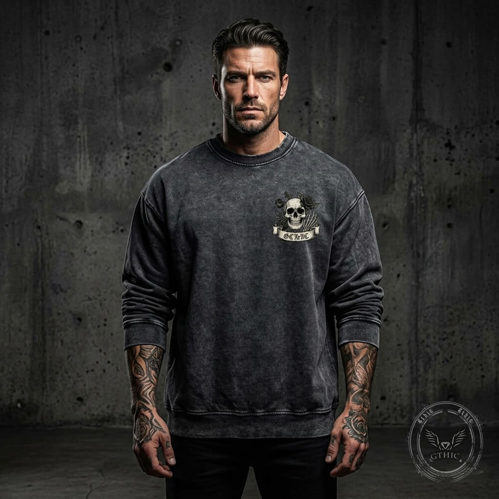 Gothic Eternal Darkness Skull Rose Vintage Washed Sweatshirt | Gthic.com