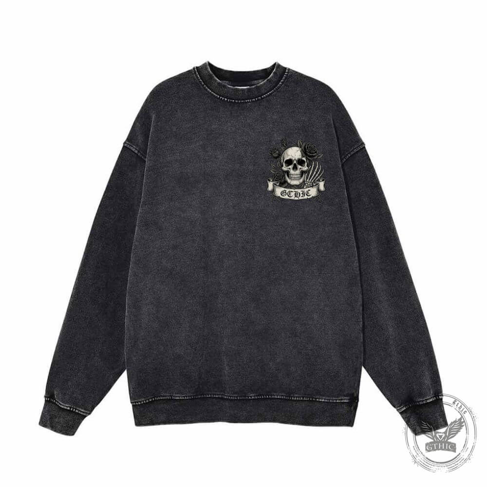 Gothic Eternal Darkness Skull Rose Vintage Washed Sweatshirt