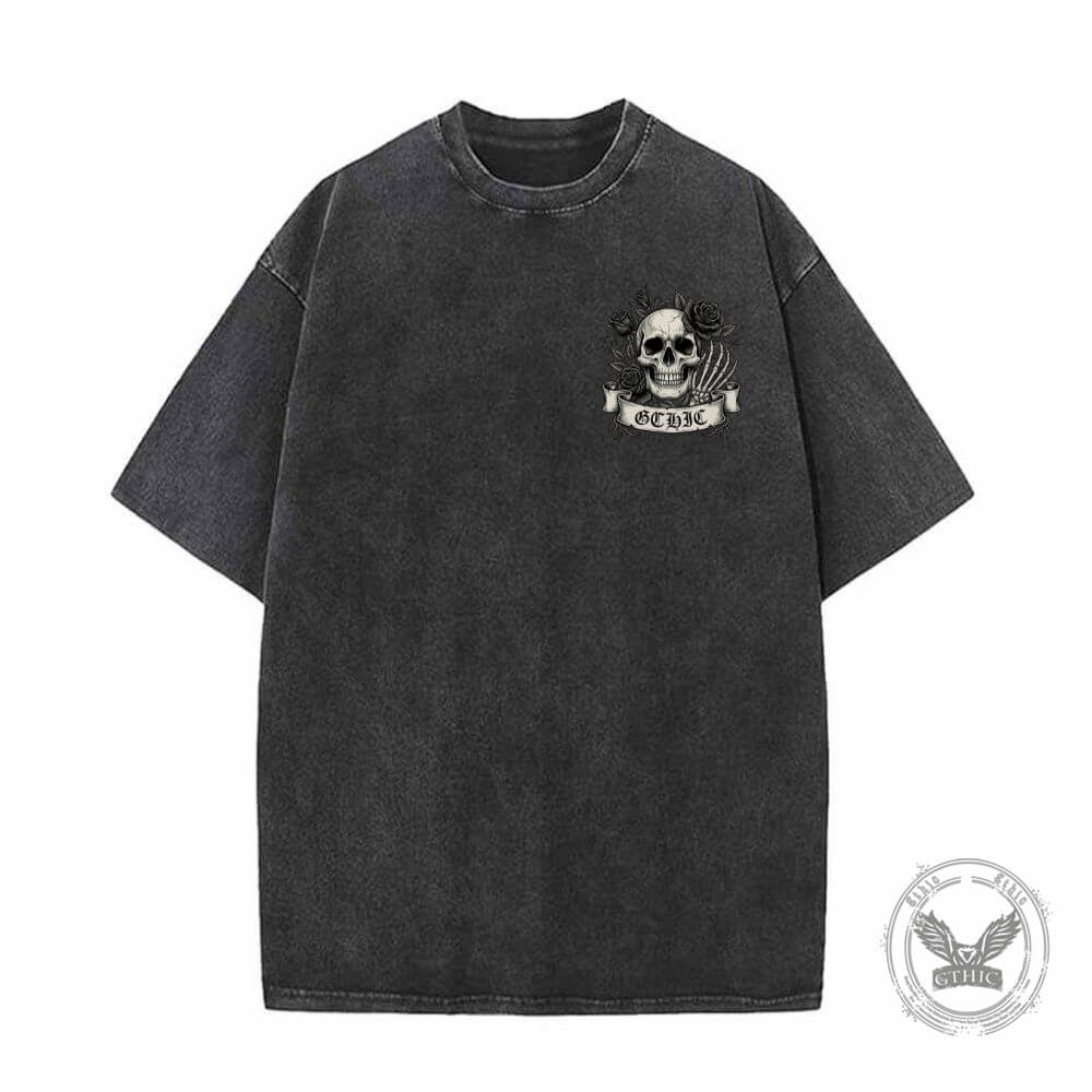 Gothic Eternal Darkness Skull Rose Vintage Washed T-shirt