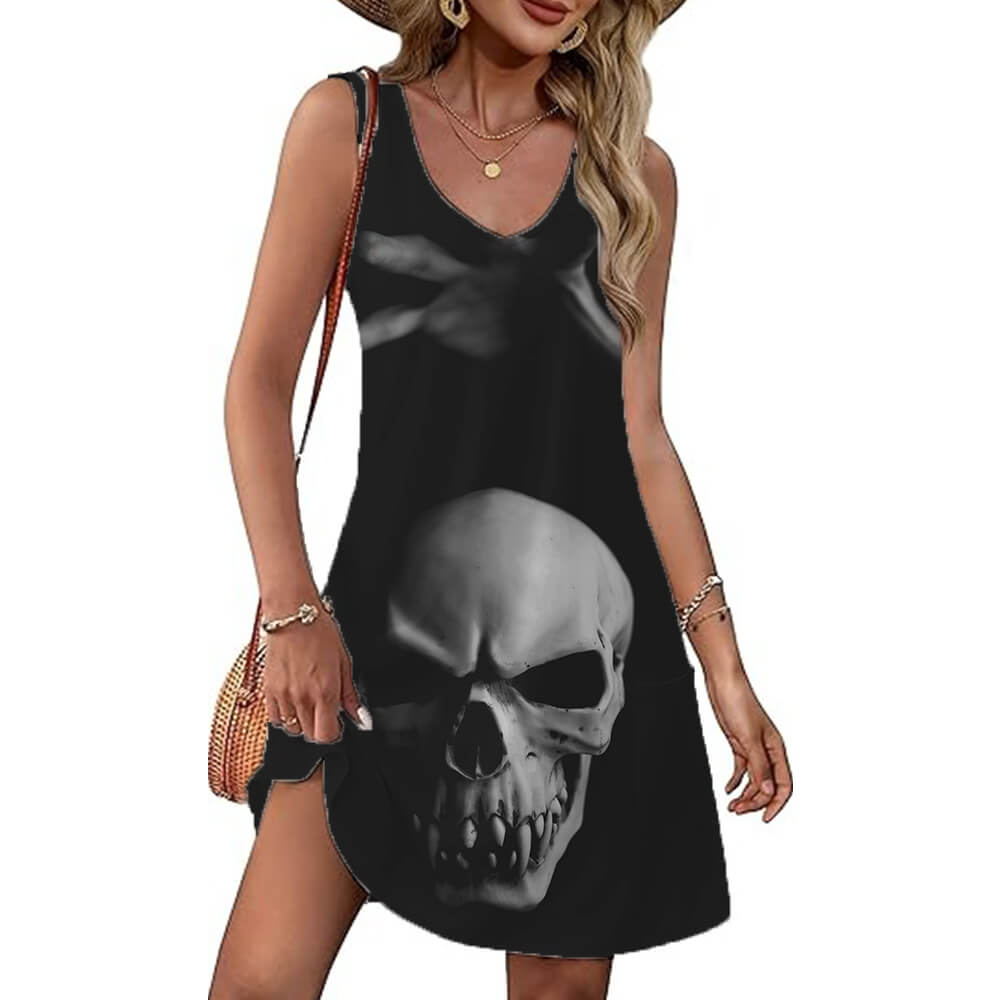 Gothic Fangs Skull Print V-Neck Vest Dress | Gthic.com