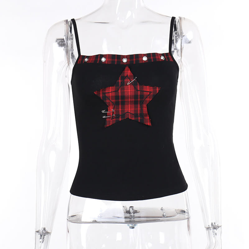 Gothic Five-Pointed Star Print Plaid Patchwork Camisole | Gthic.com