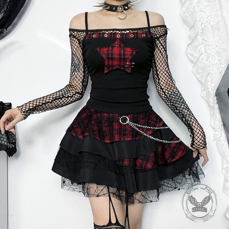 Gothic Five-Pointed Star Print Plaid Patchwork Camisole | Gthic.com