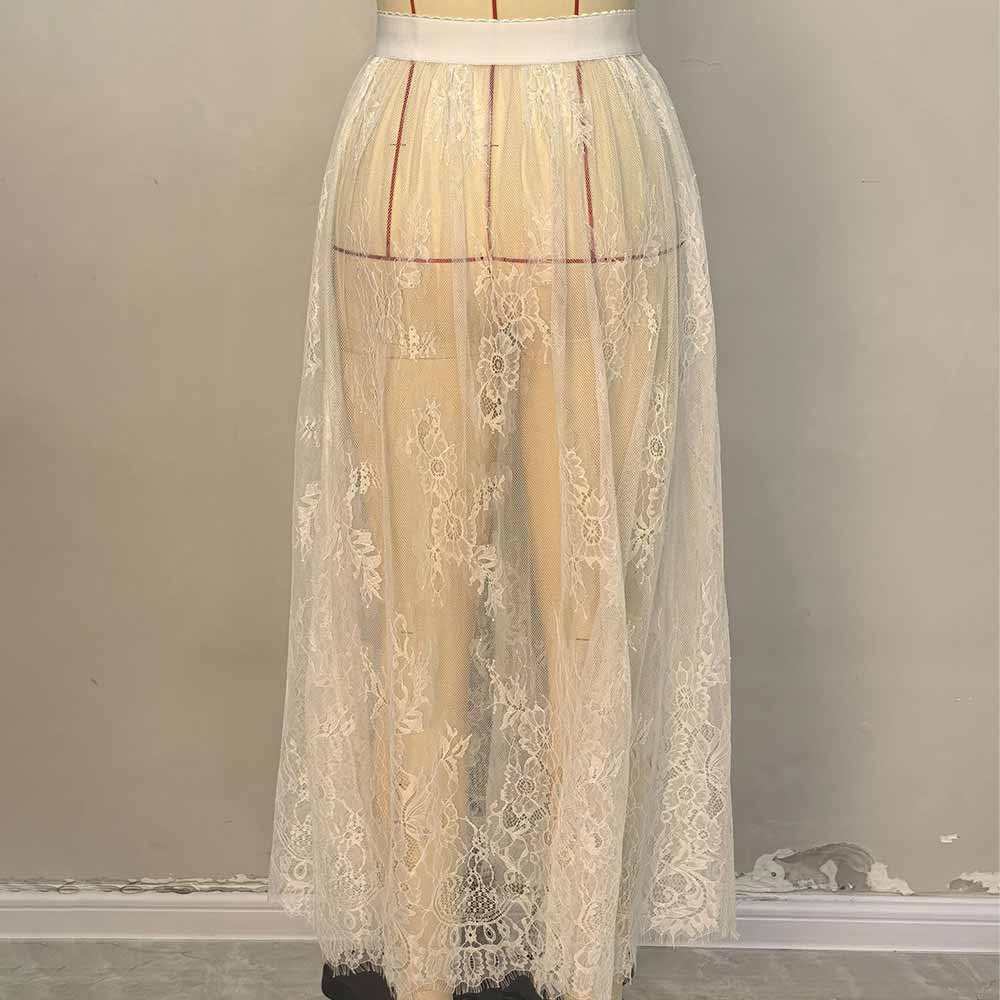 Gothic Floral Pattern Lace Sheer Mesh Maxi Skirt