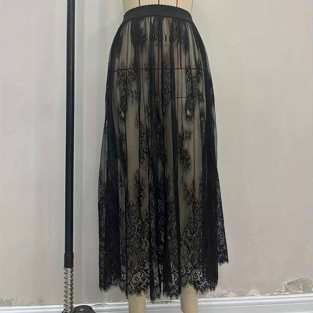 Gothic Floral Pattern Lace Sheer Mesh Maxi Skirt