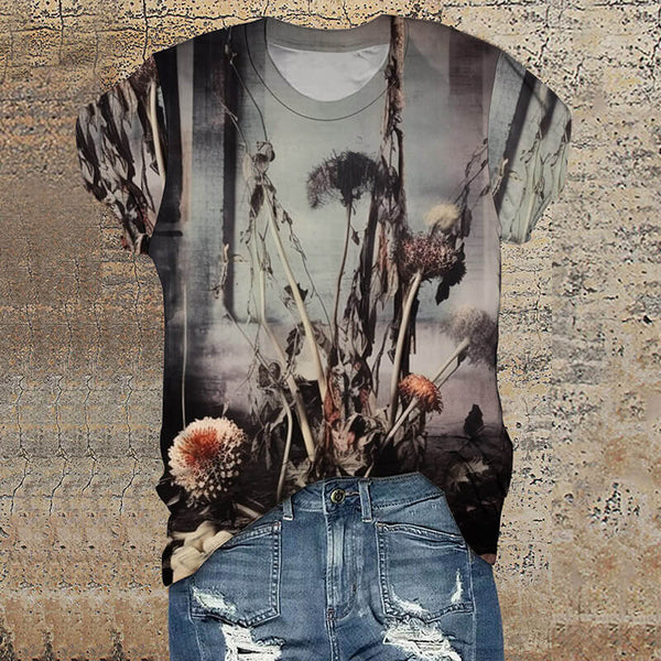 Gothic Flower Ruins Round Neck Short Sleeve T-Shirt | Gthic.com