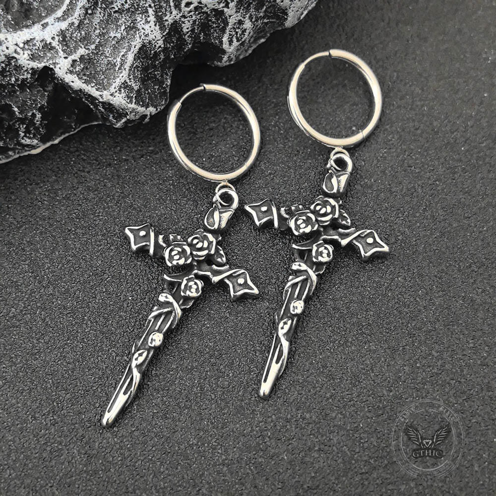 Gothic Forbidden Rose Cross Stainless Steel Hoop Earrings | Gthic.com