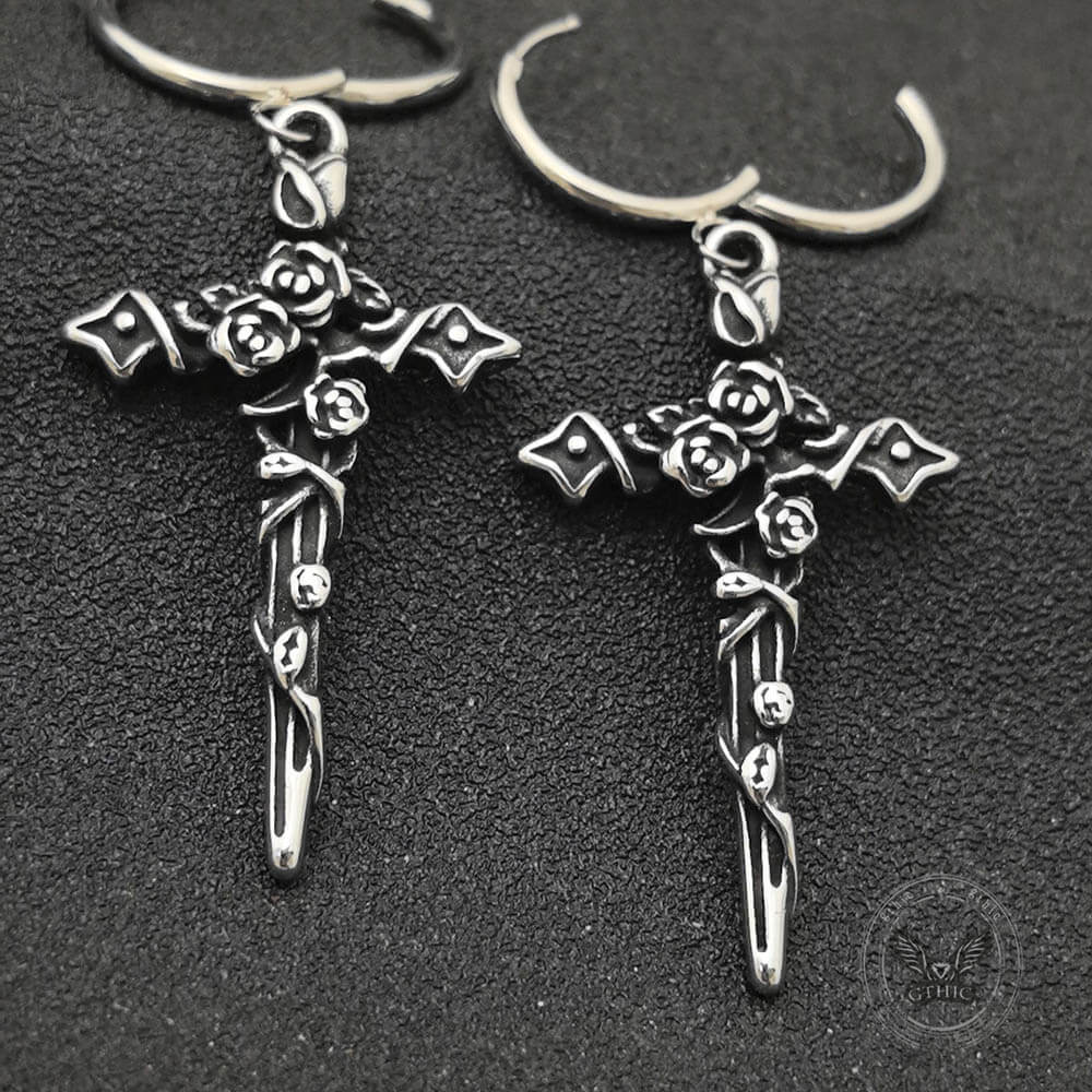 Gothic Forbidden Rose Cross Stainless Steel Hoop Earrings | Gthic.com