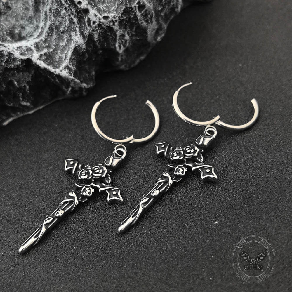 Gothic Forbidden Rose Cross Stainless Steel Hoop Earrings
