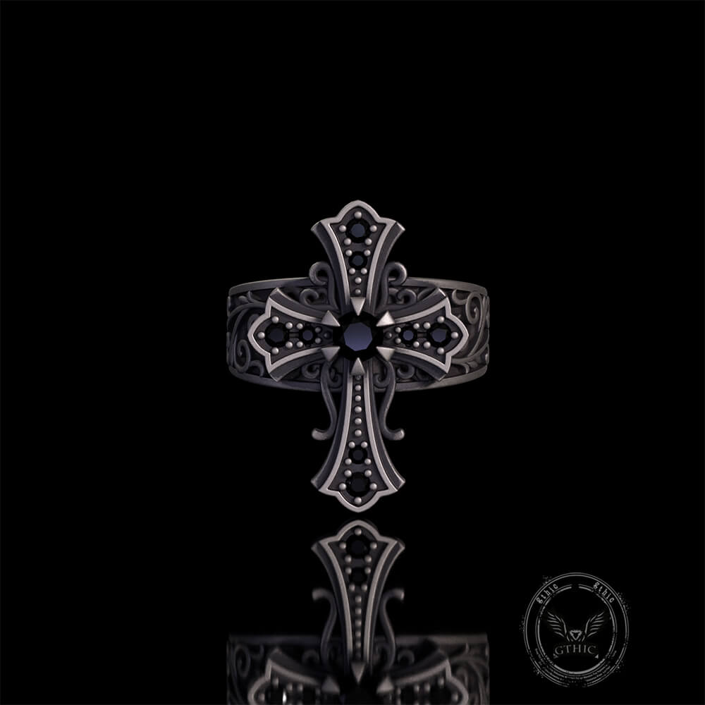 Gothic Gem Cross Vintage Sterling Silver Ring