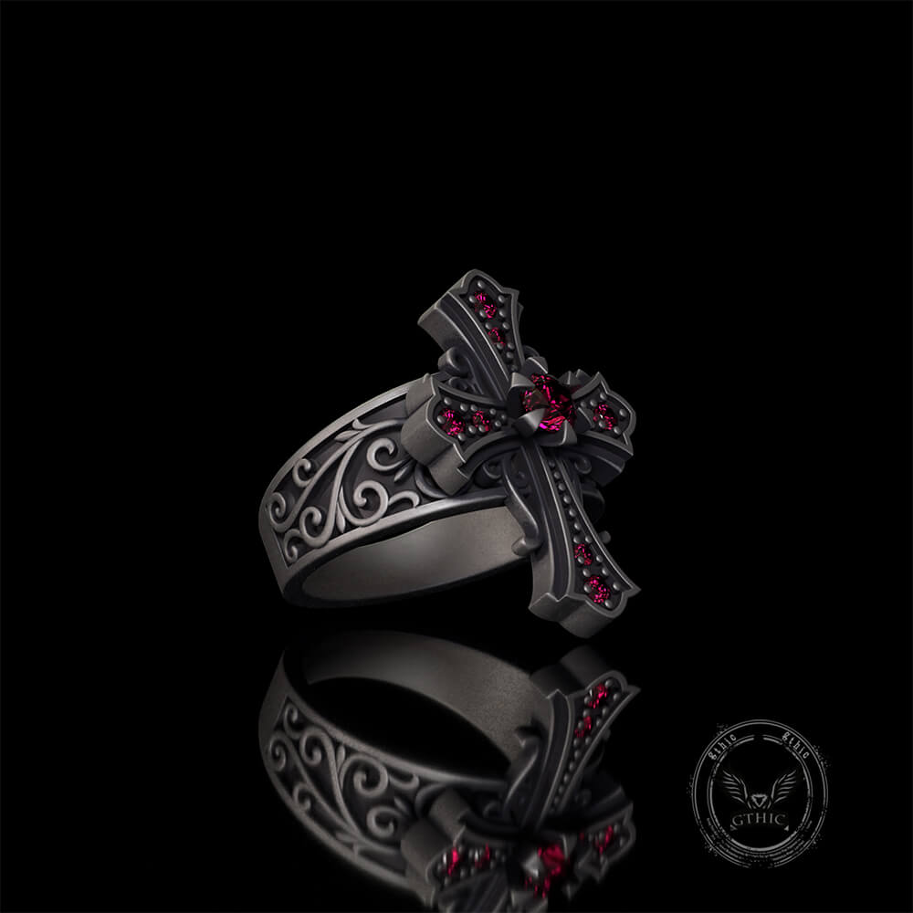 Gothic Gem Cross Vintage Sterling Silver Ring