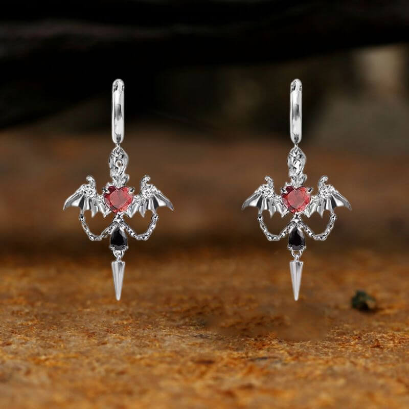 Gothic Gem Heart Bat Zinc Alloy Drop Earrings