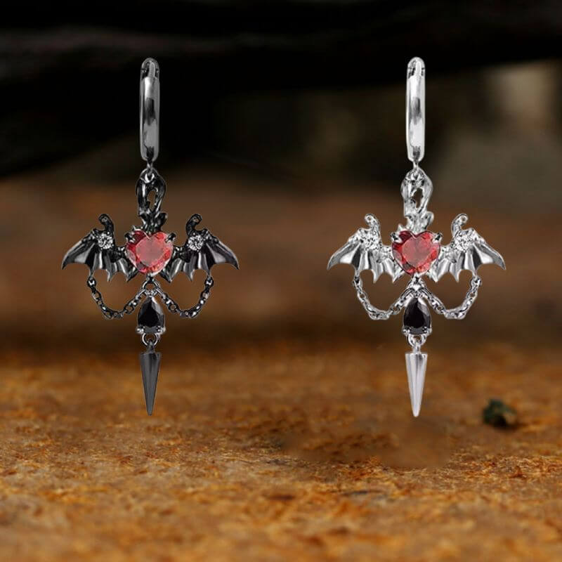 Gothic Gem Heart Bat Zinc Alloy Drop Earrings | Gthic.com