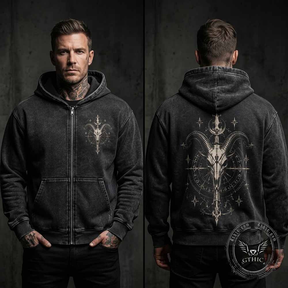 Gothic Goat Skull Vintage Washed Zip-Up Hooded Jacket | Gthic.com