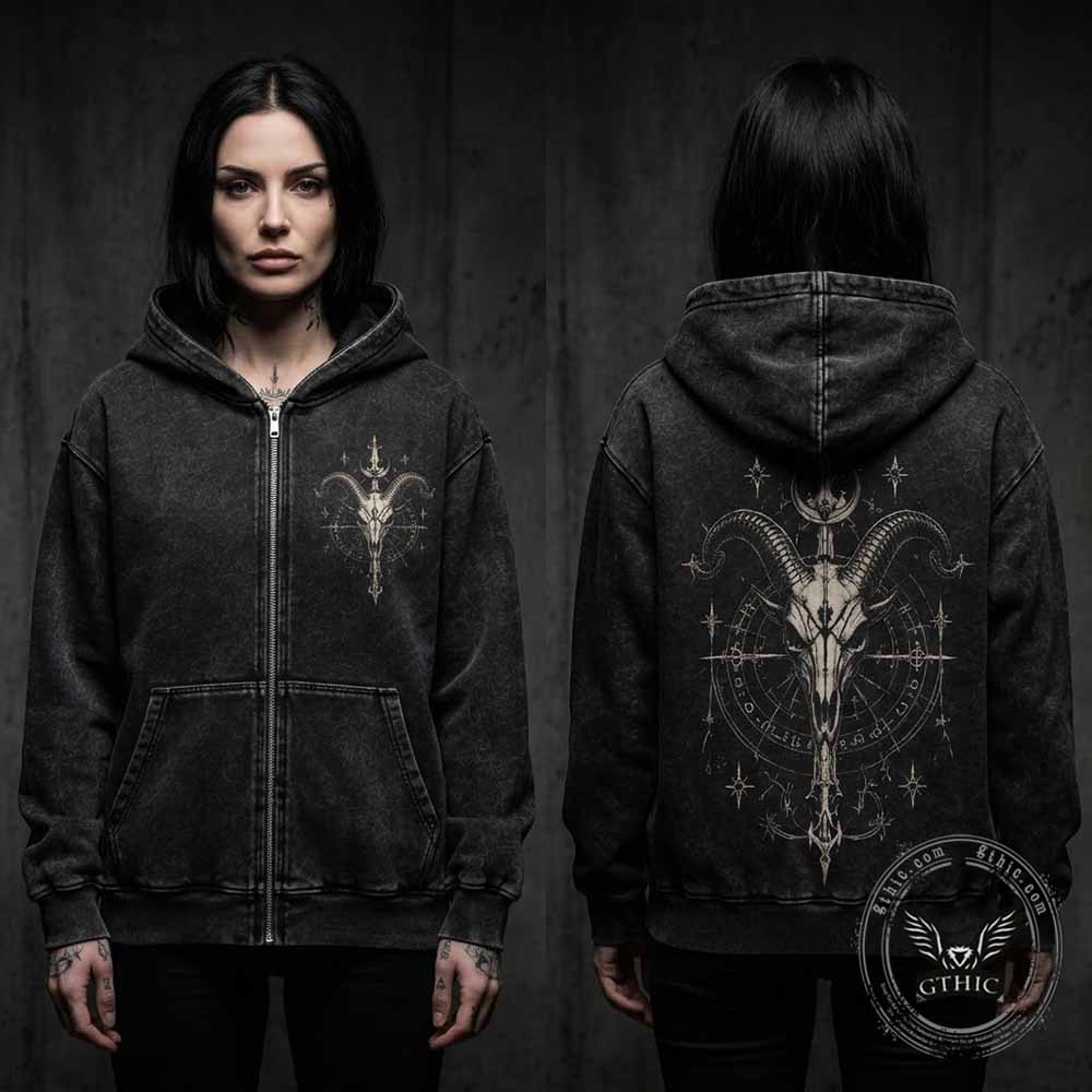 Gothic Goat Skull Vintage Washed Zip-Up Hooded Jacket | Gthic.com