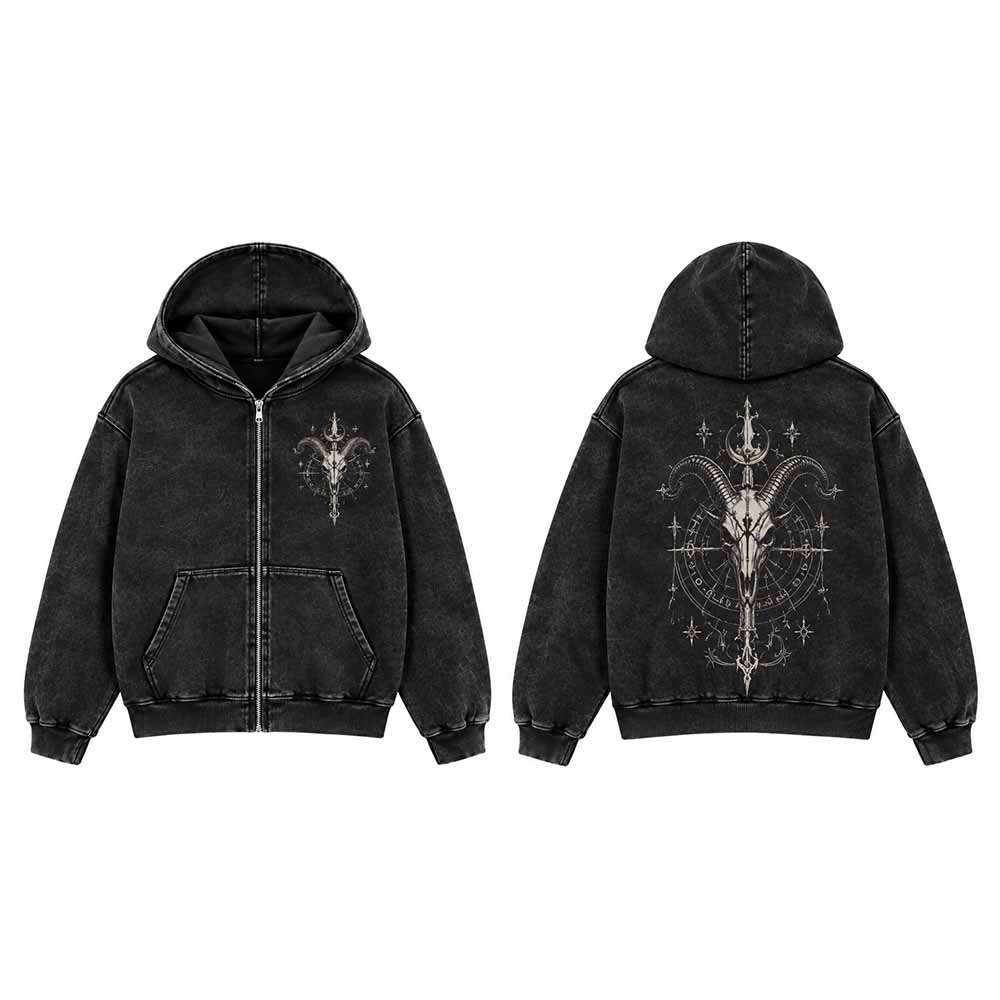 Gothic Goat Skull Vintage Washed Zip-Up Hooded Jacket | Gthic.com